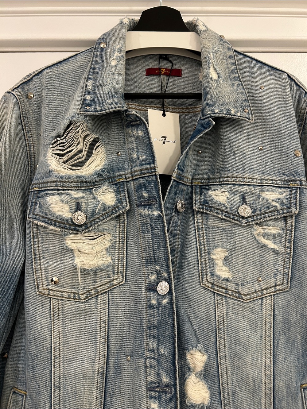 NWT! 7 For All Mankind Oversized Distressed Denim Jacket With All Over Studs! M! - Picture 3 of 16